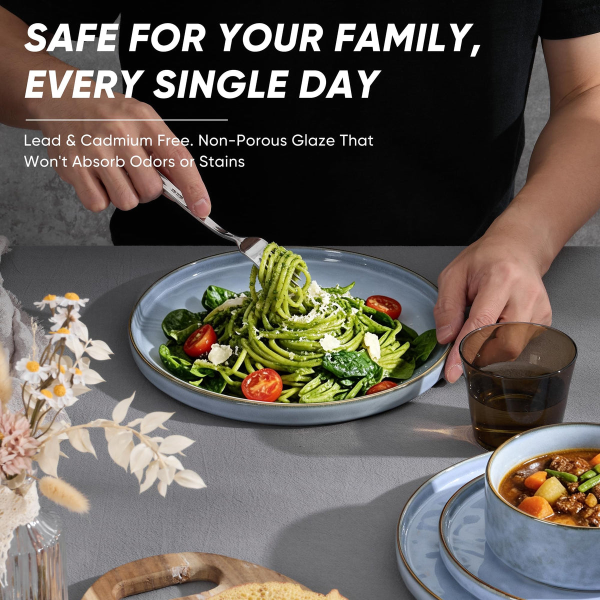 E-far Stoneware Dinnerware Set, 16-Piece Plates and Bowls Sets for 4