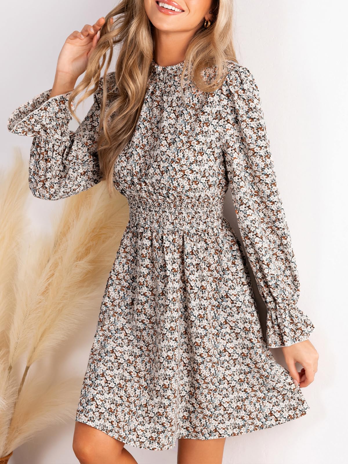 CUPSHE Women Mock Neck Floral Smocked Waist Mini Dress