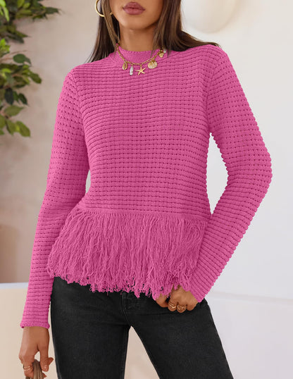 MEROKEETY Women's Fall Fashion Crochet Fringe Sweater Tops Boho Pullover