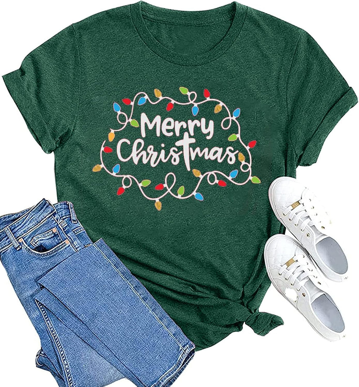 hcihgzr Christmas Shirts for Women Merry and Bright Christmas Shirt Xmas Tree Graphic Holiday T-Shirt Tops