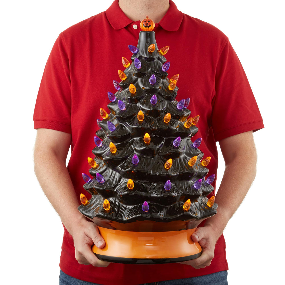 Casafield Hand Painted Ceramic Halloween Tree, 24-Inch Pre-Lit Decoration with 148 Multi-Color Lights, Jack-O-Lantern and Star Toppers