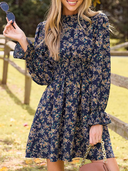 CUPSHE Women Mock Neck Floral Smocked Waist Mini Dress
