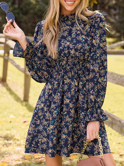 CUPSHE Women Mock Neck Floral Smocked Waist Mini Dress