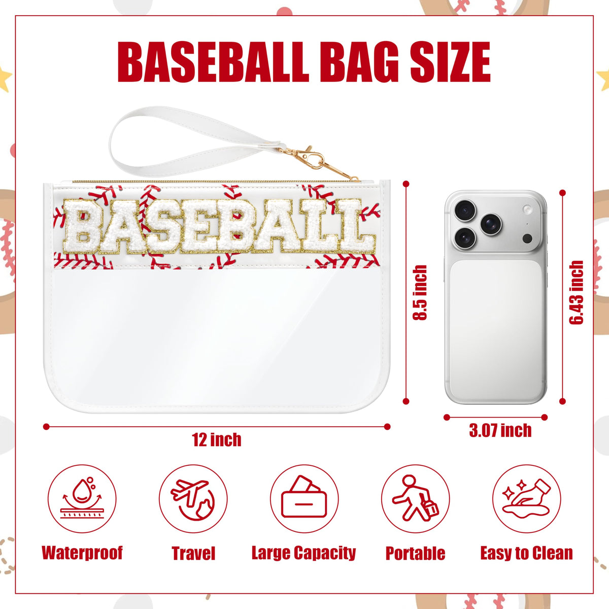 BuyCard Soccer Gift Makeup Bag with Chenille Letter Patch, Clear Cosmetic Pouch PVC Organizer Purse, Waterproof Travel Bag, Portable Toiletry Storage Bag for Her Friends