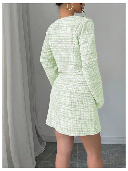 SOLY HUX Women's 2 Piece Plaid Long Sleeve Button Cropped Jacket Dress Set
