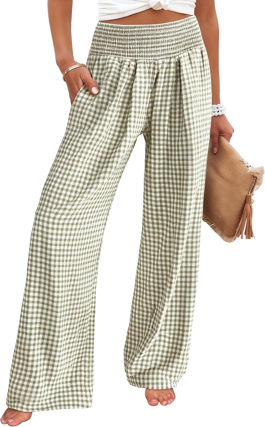 ANRABESS Womens Striped Gingham Wide Leg Palazzo Pants with Pockets