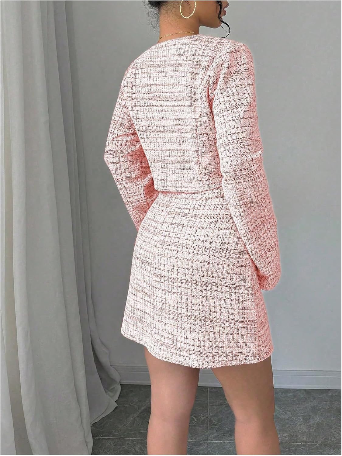 SOLY HUX Women's 2 Piece Plaid Long Sleeve Button Cropped Jacket Dress Set