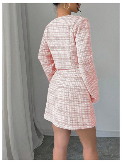 SOLY HUX Women's 2 Piece Plaid Long Sleeve Button Cropped Jacket Dress Set