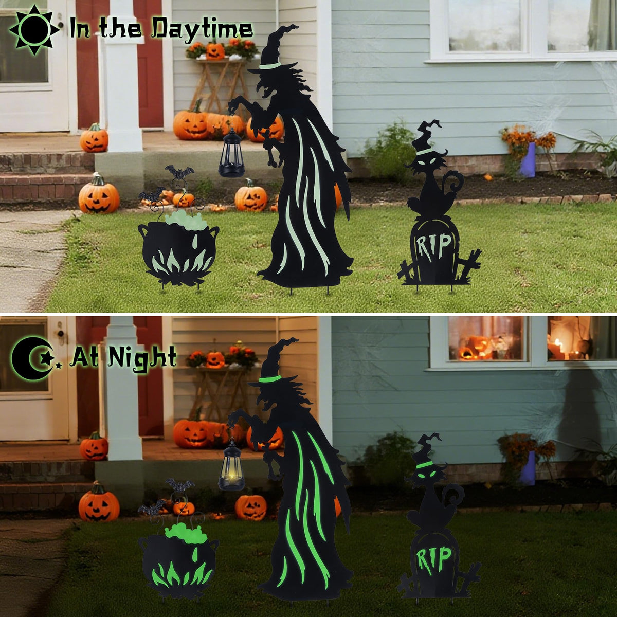 Prsildan 3 Pack Halloween Decorations Outdoor Solar Lighted Boo Yard Sign | Waterproof Metal Lawn Stakes, Solar-Powered, Bats, Cat & Ghost, for Front Yard, Porch, Garden, Spooky Halloween Party Decor