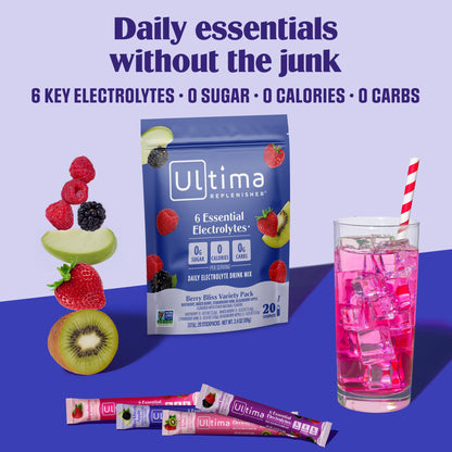 Ultima Replenisher Electrolyte Hydration Powder, Grape, 20 Count Stickpacks Pouch - Sugar Free, 0 Calories, 0 Carbs - Gluten-Free, Keto, Non-Gmo with Magnesium, Potassium