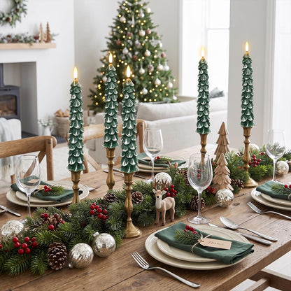 Green Christmas Tree Flameless Taper Candles Battery Operated Remote Timer