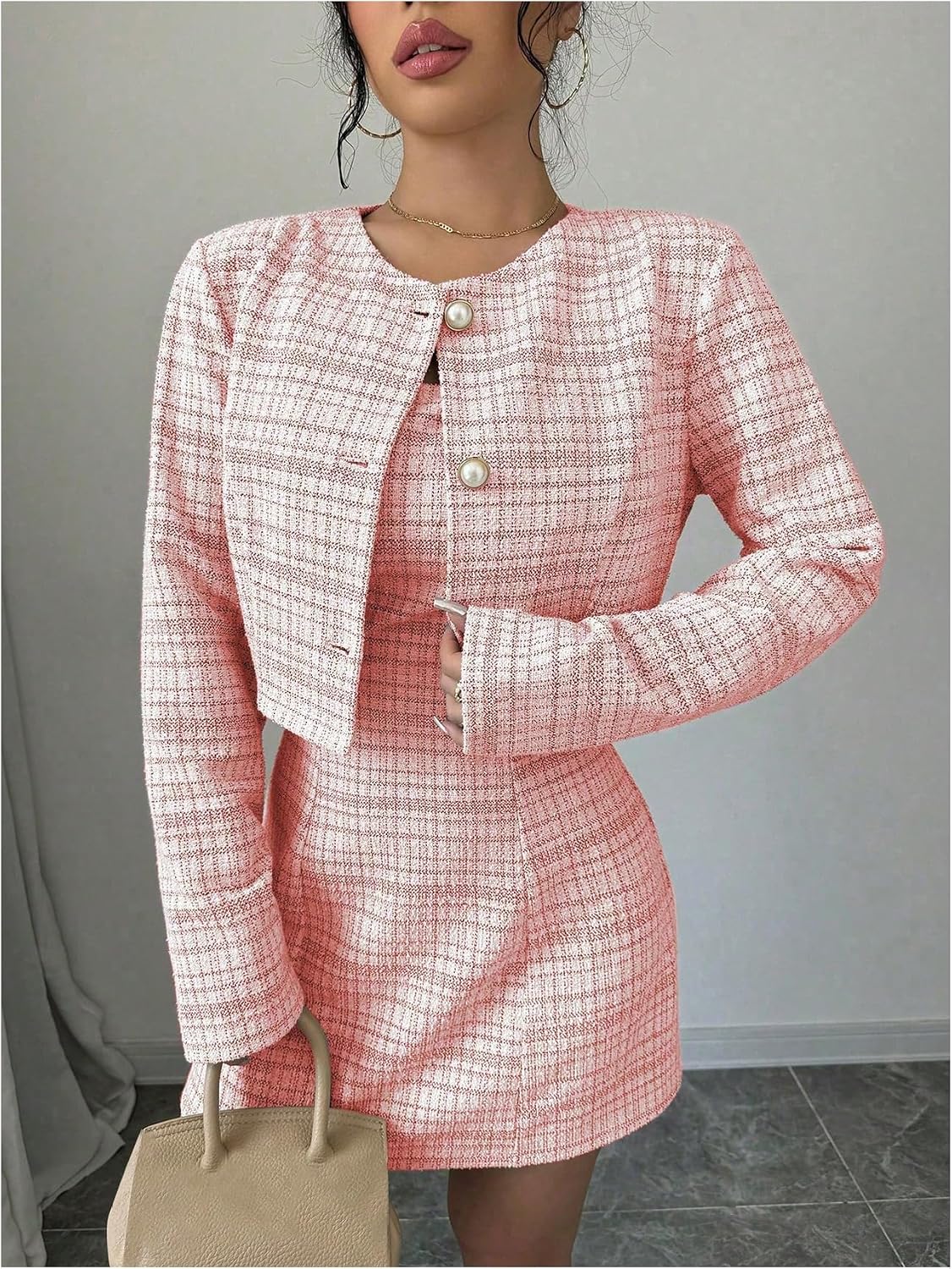 SOLY HUX Women's 2 Piece Plaid Long Sleeve Button Cropped Jacket Dress Set