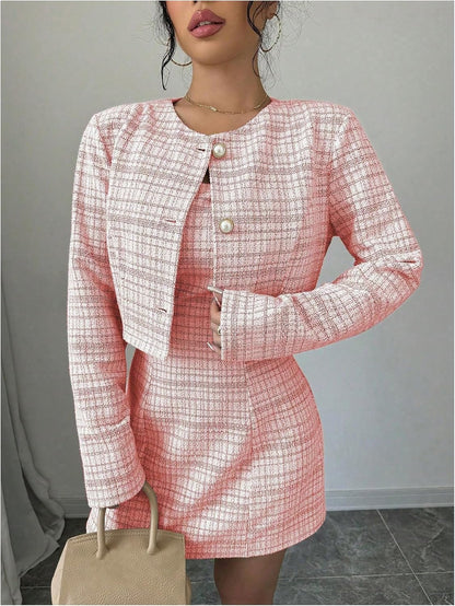 SOLY HUX Women's 2 Piece Plaid Long Sleeve Button Cropped Jacket Dress Set