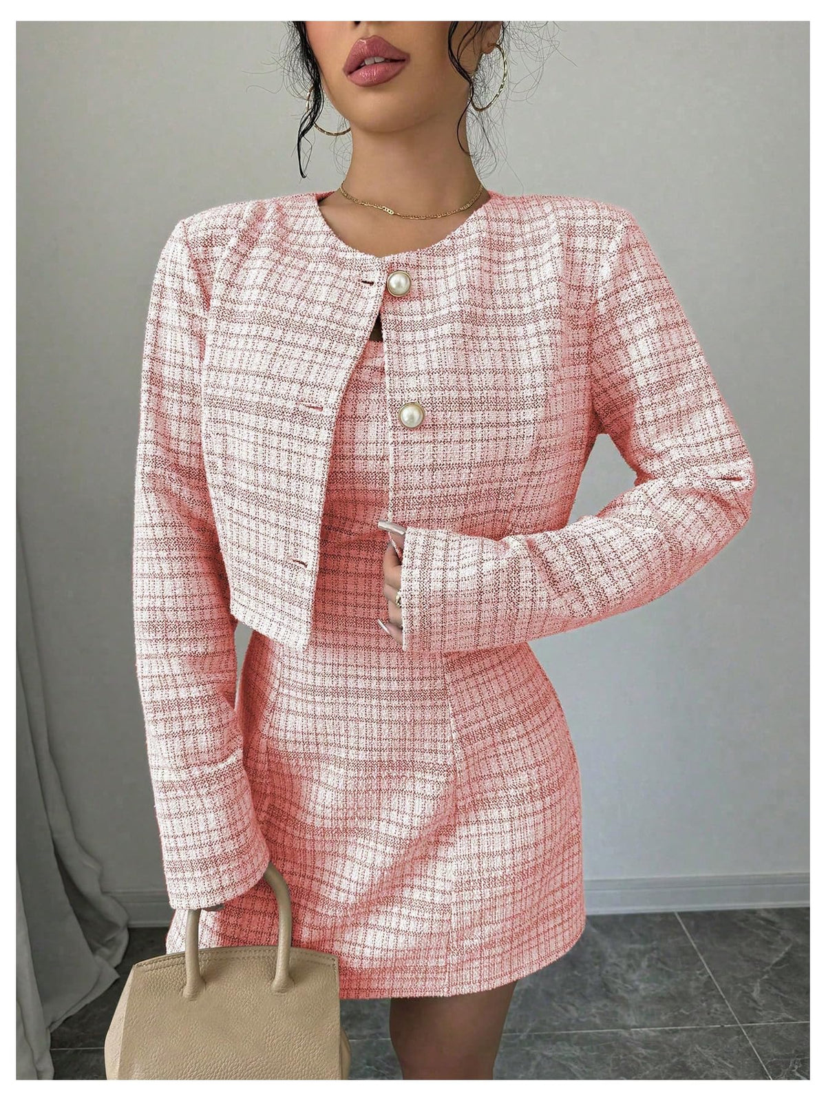 SOLY HUX Women's 2 Piece Plaid Long Sleeve Button Cropped Jacket Dress Set