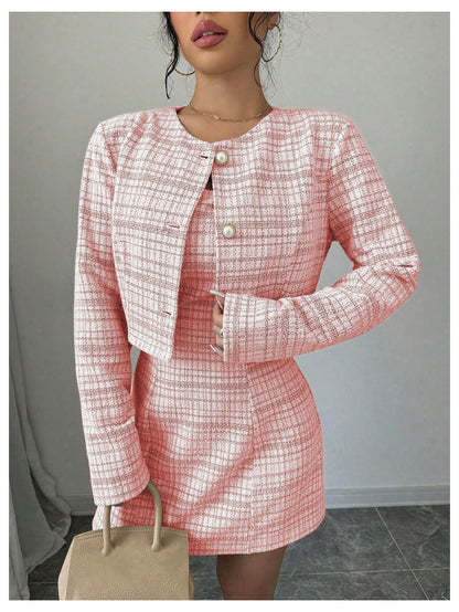 SOLY HUX Women's 2 Piece Plaid Long Sleeve Button Cropped Jacket Dress Set