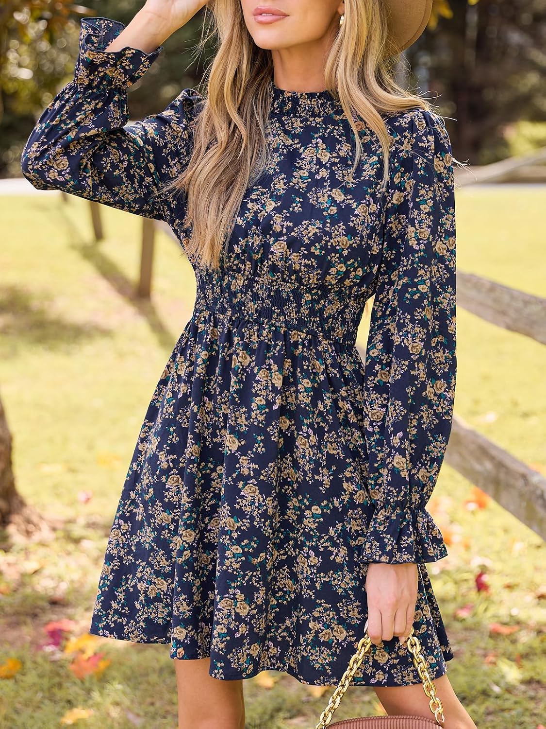 CUPSHE Women Mock Neck Floral Smocked Waist Mini Dress