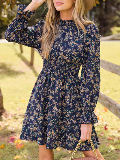 CUPSHE Women Mock Neck Floral Smocked Waist Mini Dress