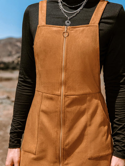 CUPSHE Faux Suede Mini Fall Dresses for Women Square Neck Pull Ring Zipper Front Pockets Wide Straps Casual Autumn Dress