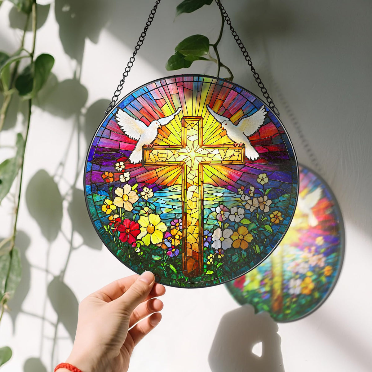8-Inch Jesus with Cardinals Suncatcher Ornament, Stained Glass Window Hanging & Religious Christmas Ornament, Christian Window Decor — Memorial Gift, Christian Gifts for Her, Religious Gifts
