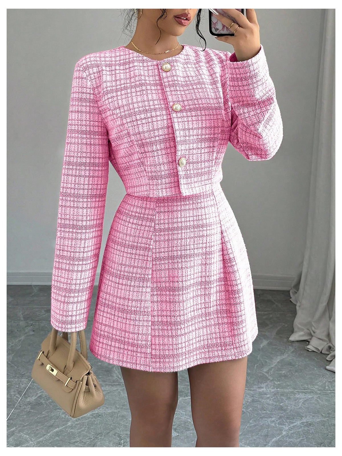 SOLY HUX Women's 2 Piece Plaid Long Sleeve Button Cropped Jacket Dress Set