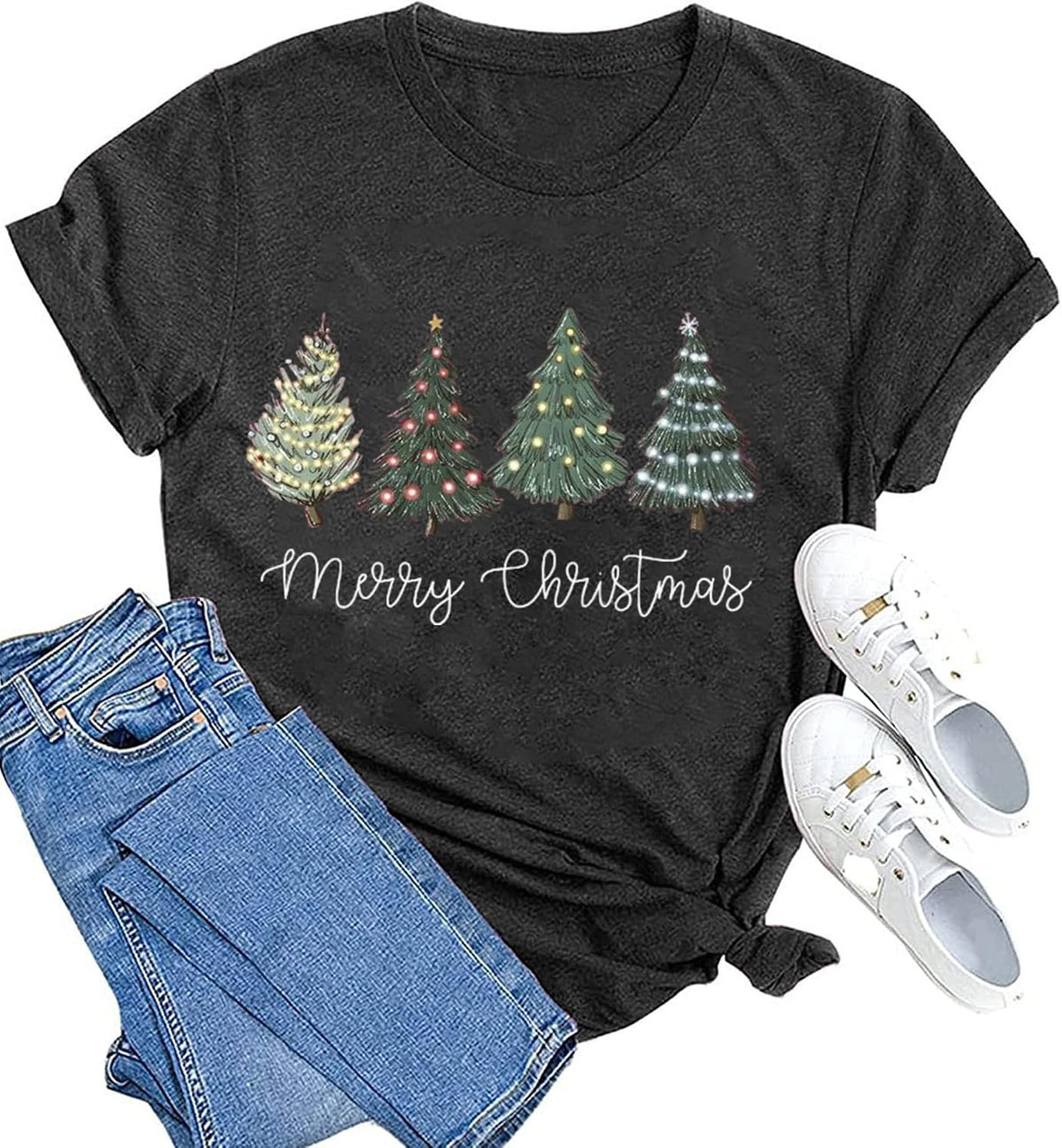hcihgzr Christmas Shirts for Women Merry and Bright Christmas Shirt Xmas Tree Graphic Holiday T-Shirt Tops