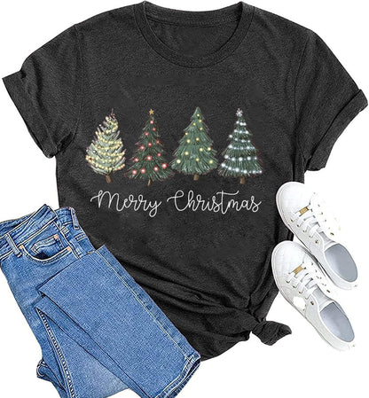 hcihgzr Christmas Shirts for Women Merry and Bright Christmas Shirt Xmas Tree Graphic Holiday T-Shirt Tops