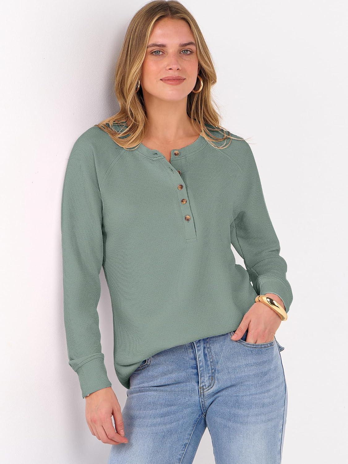 ANRABESS Women's Waffle Knit Henley Top Long Sleeve Shirts
