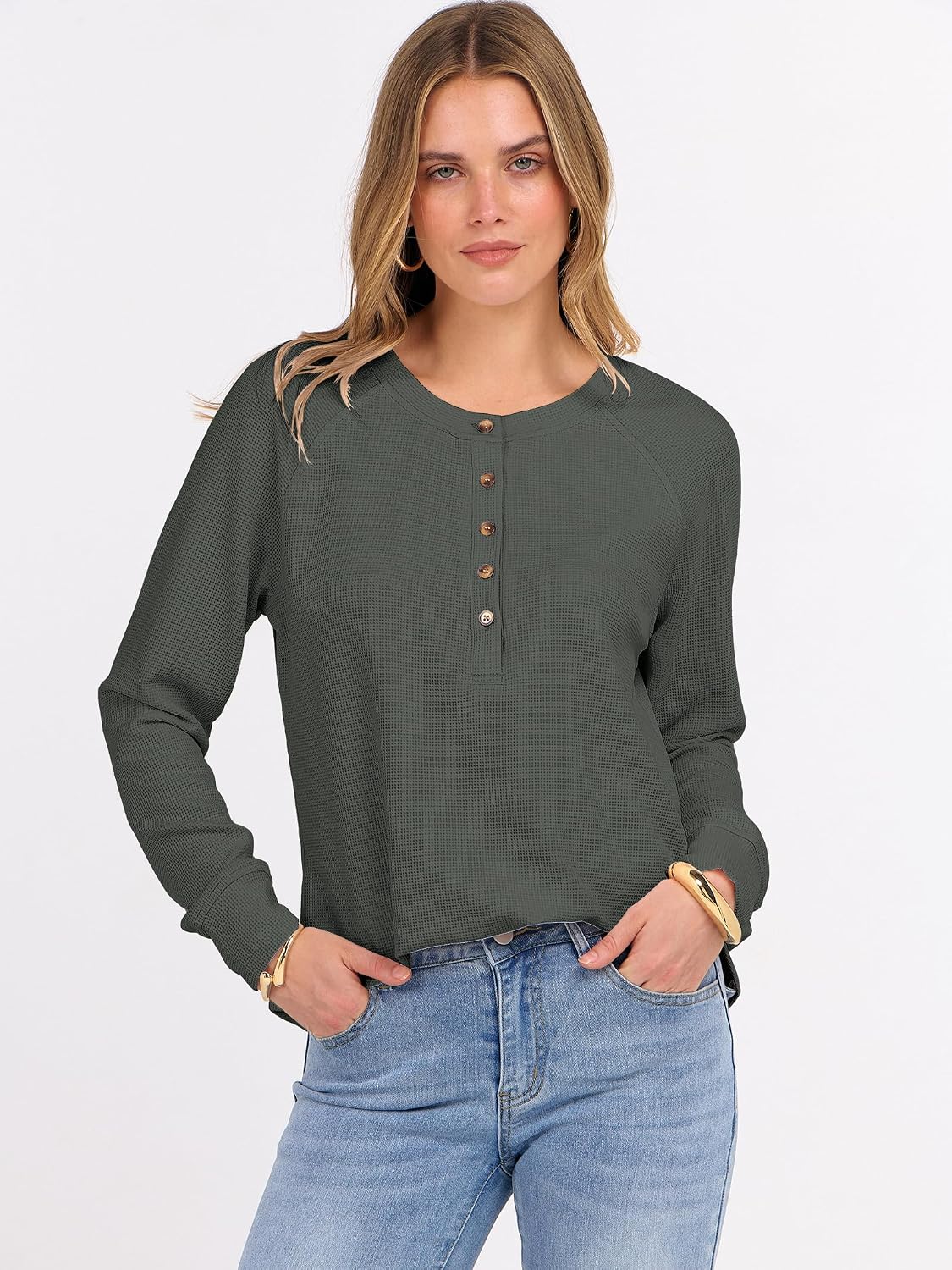 ANRABESS Women's Waffle Knit Henley Top Long Sleeve Shirts