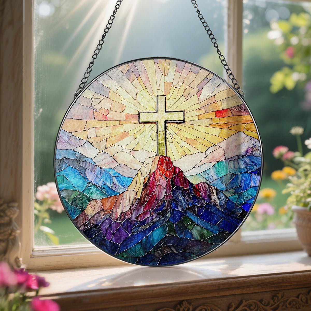 8-Inch Jesus with Cardinals Suncatcher Ornament, Stained Glass Window Hanging & Religious Christmas Ornament, Christian Window Decor — Memorial Gift, Christian Gifts for Her, Religious Gifts