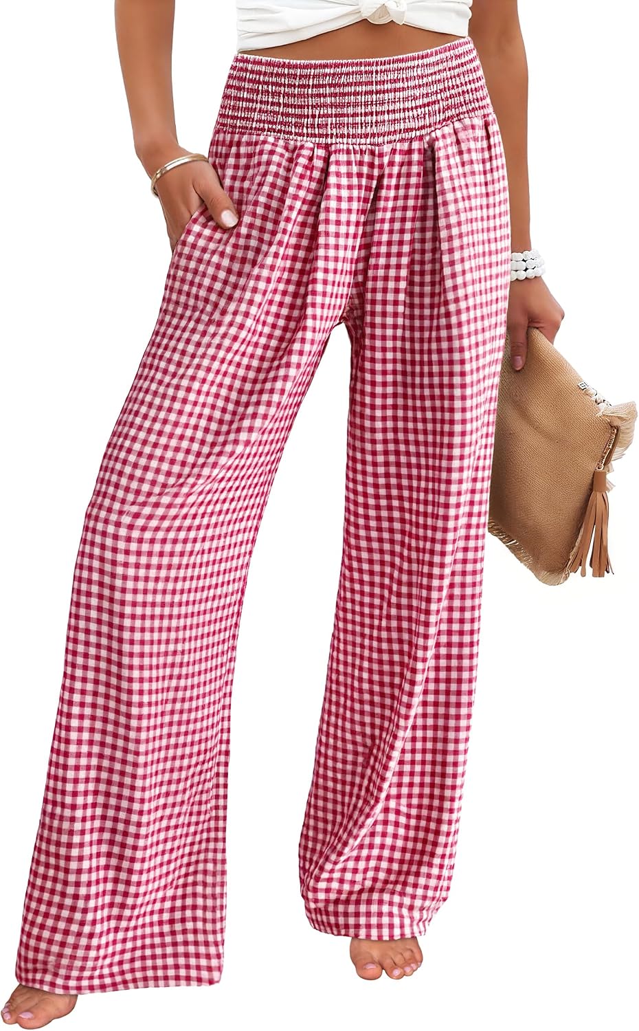 ANRABESS Womens Striped Gingham Wide Leg Palazzo Pants with Pockets