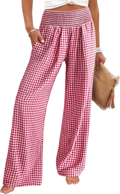 ANRABESS Womens Striped Gingham Wide Leg Palazzo Pants with Pockets