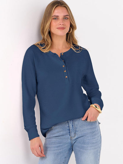 ANRABESS Women's Waffle Knit Henley Top Long Sleeve Shirts