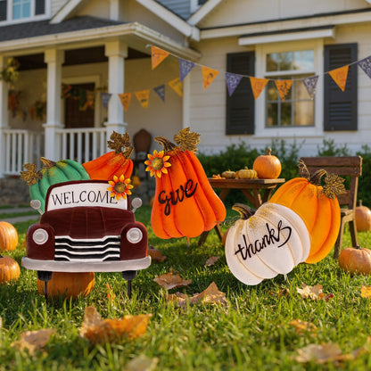 Lanpn Fall Garden Stakes Decorative, 3 Stacked Pumpkin Truck Waterproof Metal Yard Signs 2ft for Home Lawn Patio Porch Autumn Thanksgiving Harvest Season Outdoor Decor (Style 01, 11.4 X 29.9 Inch)