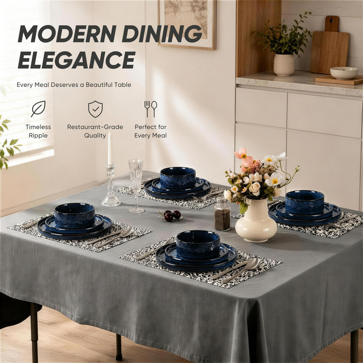 E-far Stoneware Dinnerware Set, 16-Piece Plates and Bowls Sets for 4