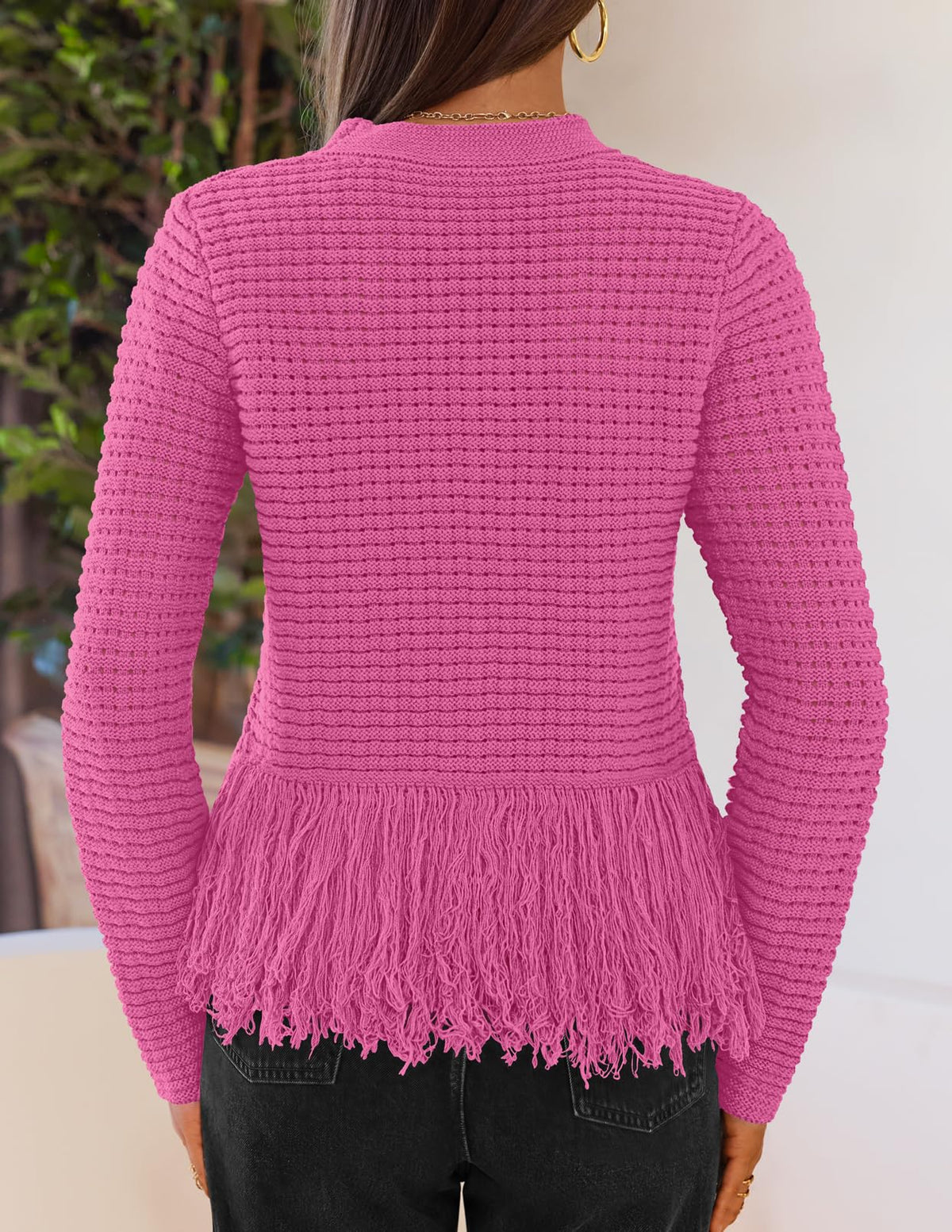 MEROKEETY Women's Fall Fashion Crochet Fringe Sweater Tops Boho Pullover