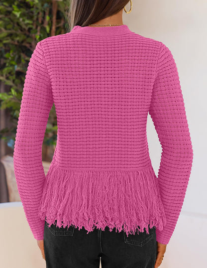 MEROKEETY Women's Fall Fashion Crochet Fringe Sweater Tops Boho Pullover