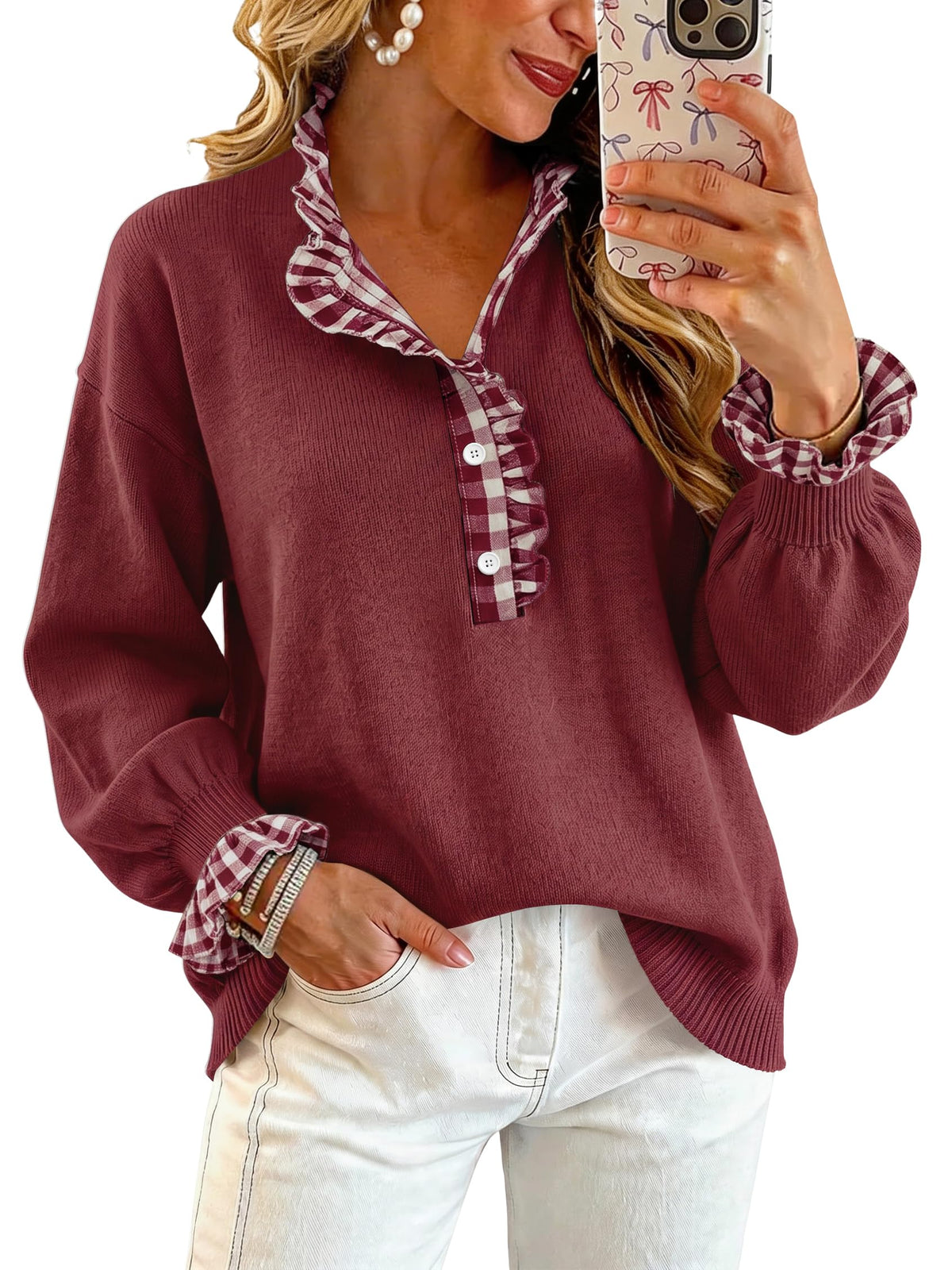 Ruffle Knit Collared Quarter Pullover