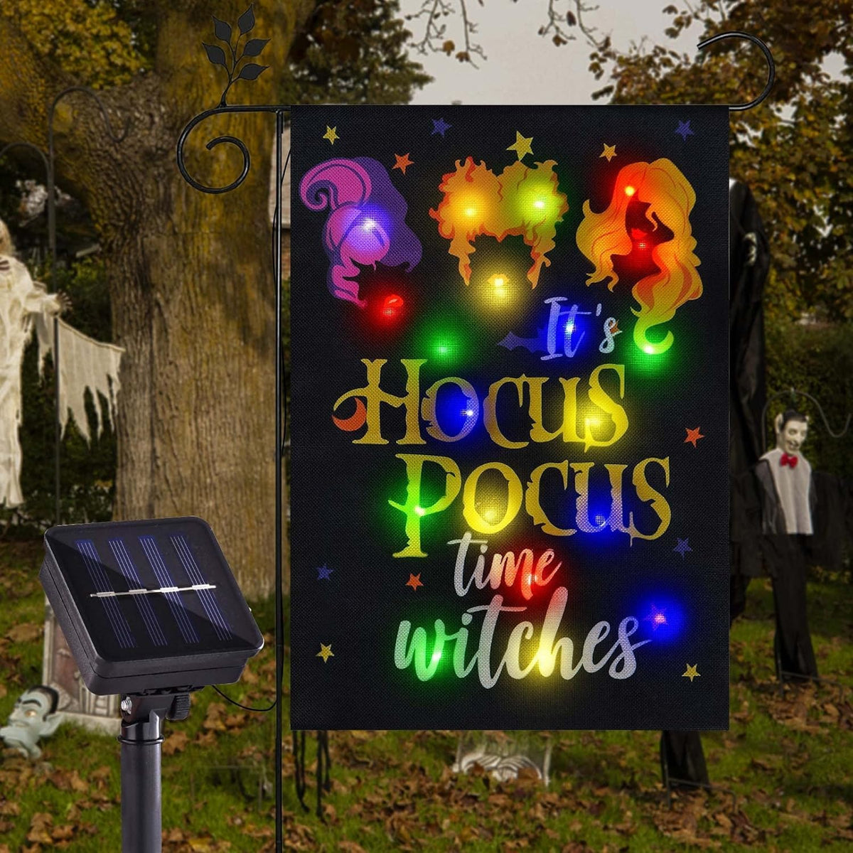 Halloween Lighted Garden Flag for Outside, LED Solar Yard Flag 8 Modes Witch Feet Shape Flag, 28x40 Double Sided Cauldron Eyeball Black Cat Decorations for Home Porch