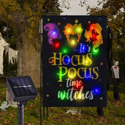 Halloween Lighted Garden Flag for Outside, LED Solar Yard Flag 8 Modes Witch Feet Shape Flag, 28x40 Double Sided Cauldron Eyeball Black Cat Decorations for Home Porch