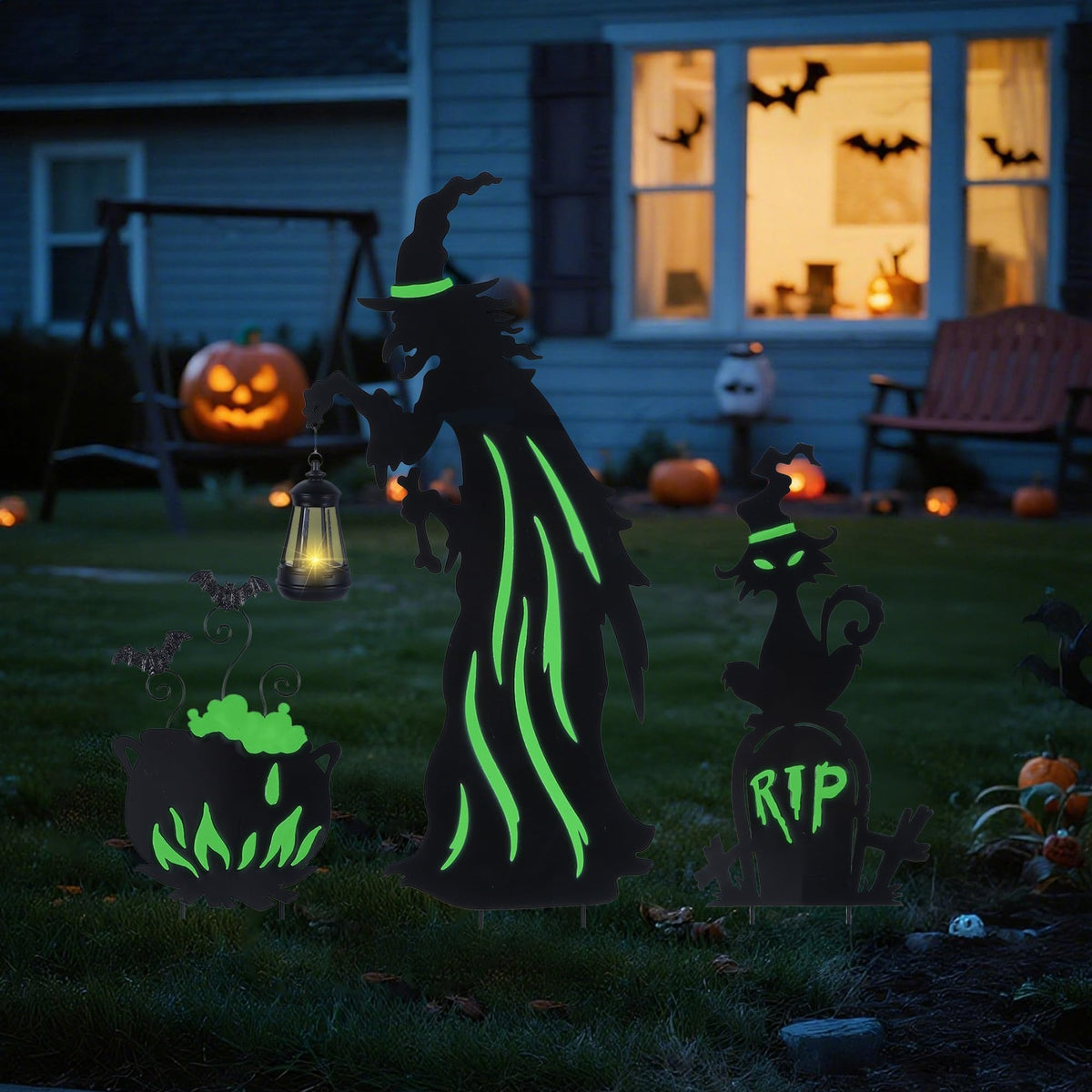 Prsildan 3 Pack Halloween Decorations Outdoor Solar Lighted Boo Yard Sign | Waterproof Metal Lawn Stakes, Solar-Powered, Bats, Cat & Ghost, for Front Yard, Porch, Garden, Spooky Halloween Party Decor