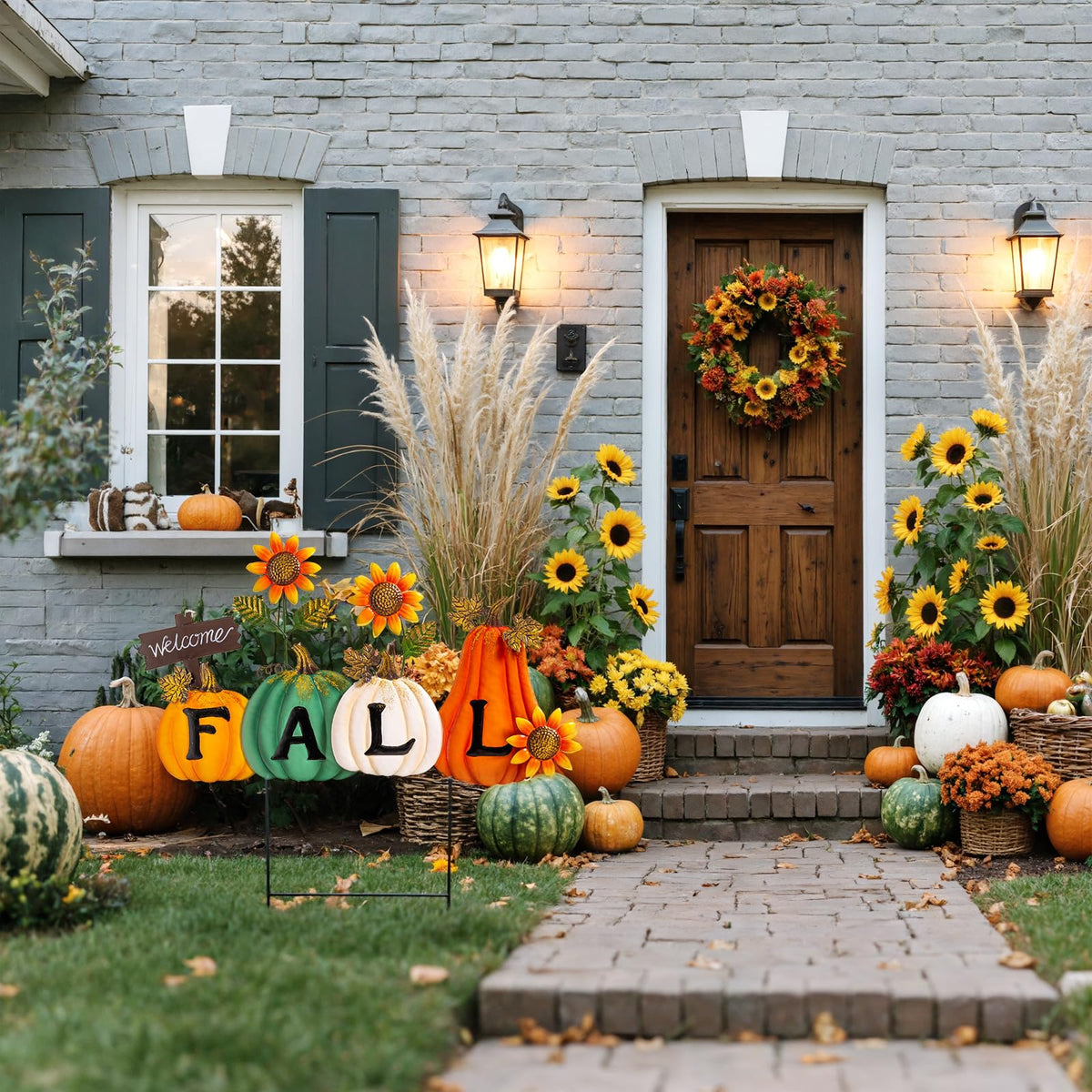 Lanpn Fall Garden Stakes Decorative, 3 Stacked Pumpkin Truck Waterproof Metal Yard Signs 2ft for Home Lawn Patio Porch Autumn Thanksgiving Harvest Season Outdoor Decor (Style 01, 11.4 X 29.9 Inch)