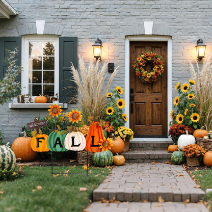 Lanpn Fall Garden Stakes Decorative, 3 Stacked Pumpkin Truck Waterproof Metal Yard Signs 2ft for Home Lawn Patio Porch Autumn Thanksgiving Harvest Season Outdoor Decor (Style 01, 11.4 X 29.9 Inch)