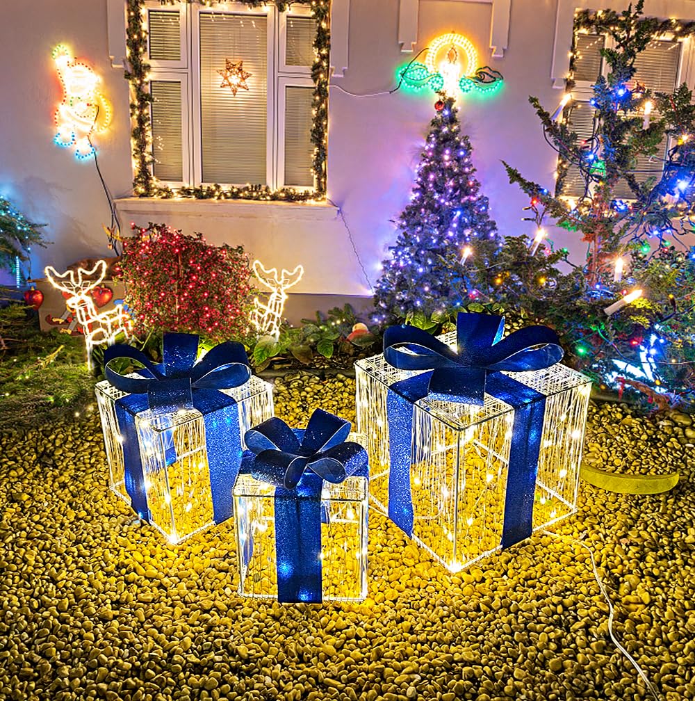 Christmas Decorations, Purtuemy Set of 3 Christmas Lighted Gift Boxes 140 LED Light Up Present Ornament for Tree Indoor Outdoor Yard Holiday Door,warm White