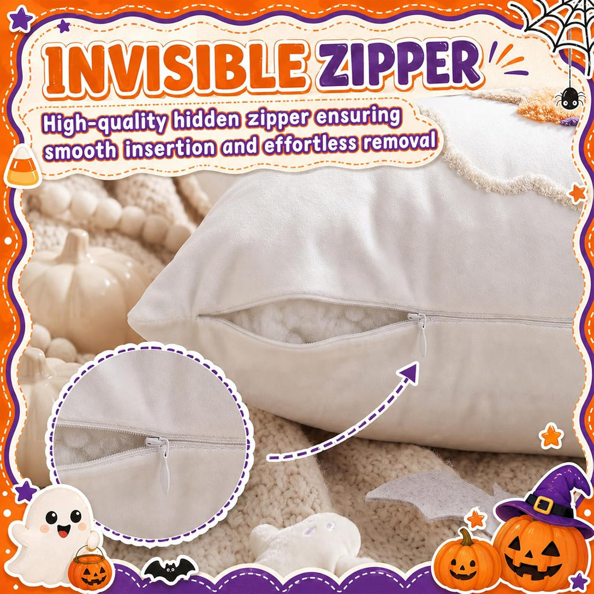 Irenare 4 Pcs 18 X 18 Inch Halloween Throw Pillow Covers Cute Ghost Witch Crochet Pillowcase Boo Embroidered Cushion Gift for Halloween Farmhouse Couch Sofa Home Decor