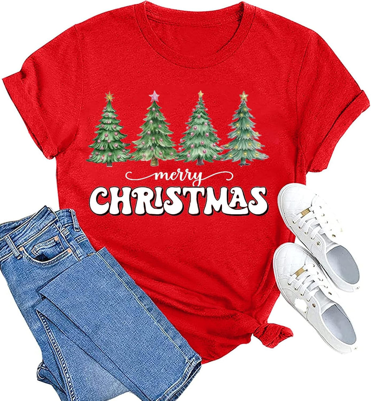 hcihgzr Christmas Shirts for Women Merry and Bright Christmas Shirt Xmas Tree Graphic Holiday T-Shirt Tops