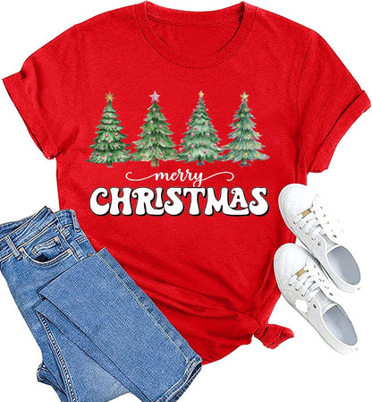 hcihgzr Christmas Shirts for Women Merry and Bright Christmas Shirt Xmas Tree Graphic Holiday T-Shirt Tops