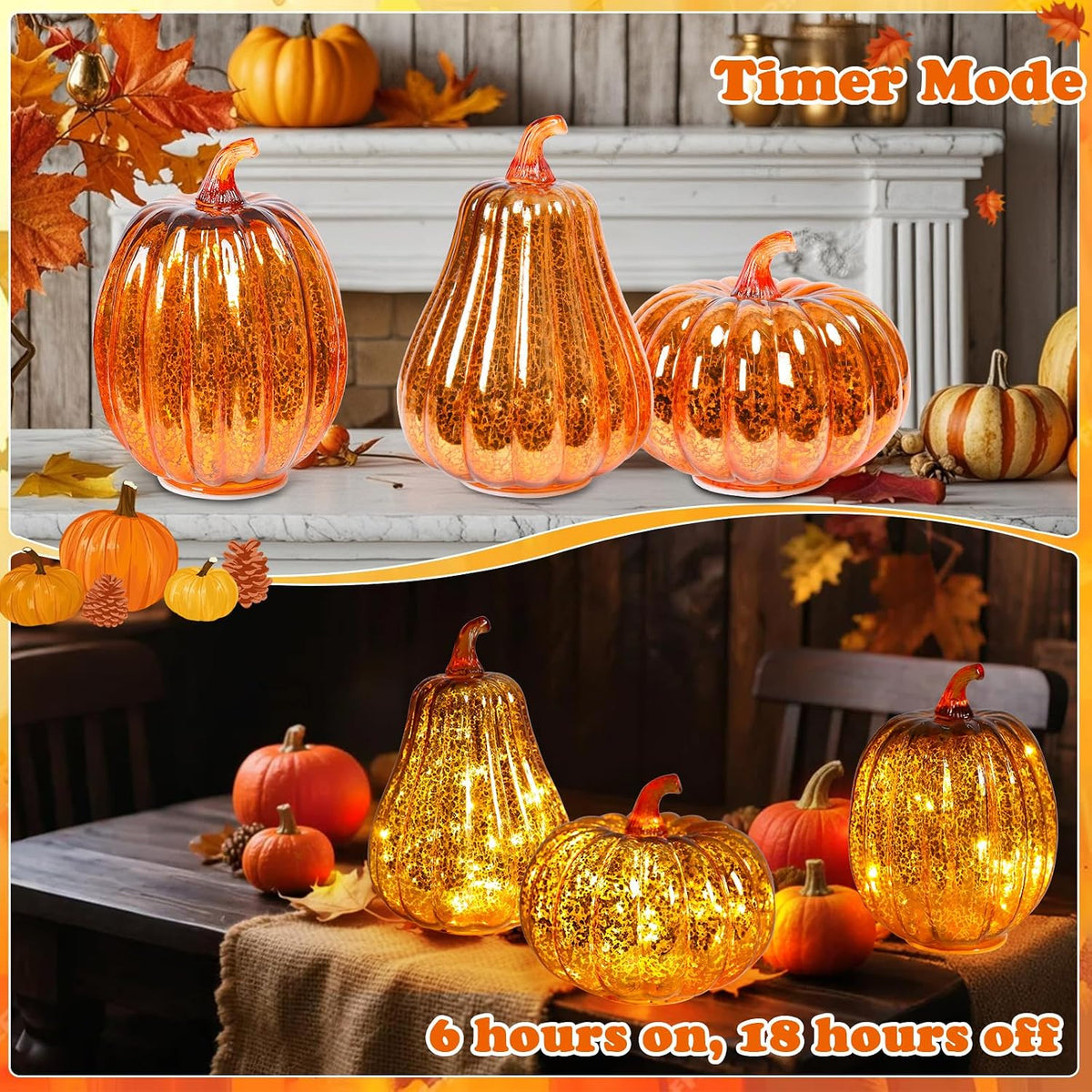 Mercury Glass Pumpkin Lights with Timer, Fall Pumpkins Lamps Tabletop Centerpiece Decorations Autumn Thanksgiving Home Halloween Decor, 3PCS