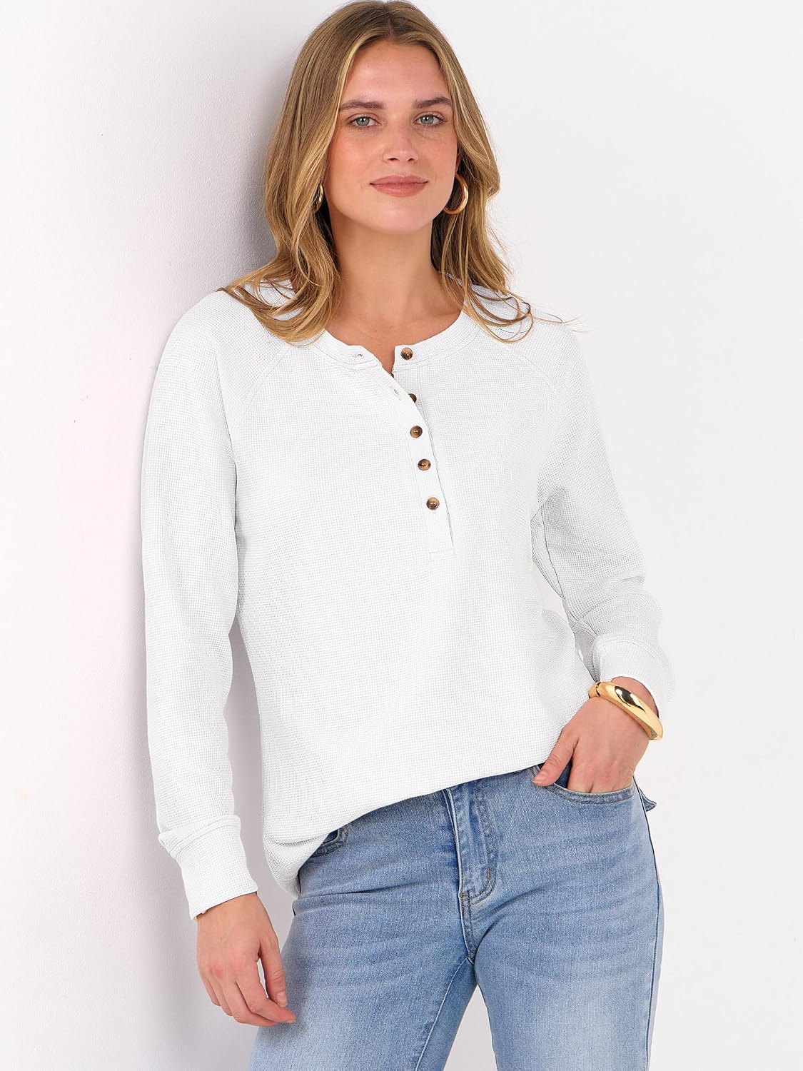 ANRABESS Women's Waffle Knit Henley Top Long Sleeve Shirts