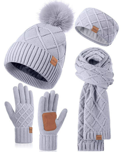 Womens Winter Hat Gloves Scarf Headband Set, Pom Pom Beanie Long Scarf Touchscreen Gloves Ear Warmer, 4 in 1 Warm Gift Set