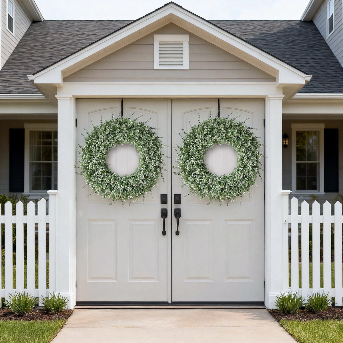 32" Large Artificial Eucalyptus Wreath for Front Door(white-Green) | Weather Resistant,lifelike Eucalyptus Lavender with Babys Breath Flowers Wreath,for Home Farmhouse Wall Year-Round Use Decor